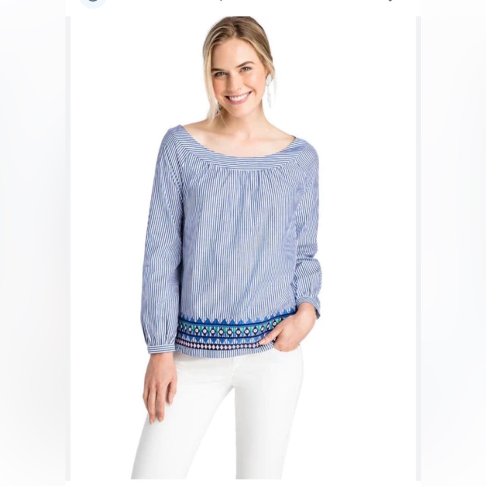 Vineyard Vines Blue Striped Blouse w/ Embroidered Edge Bottom, Size Small